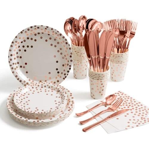 Rose Gold White Party Supplies Golden Dot Disposable Dinnerware Sets Tableware for Graduation, Birthday, Cocktail