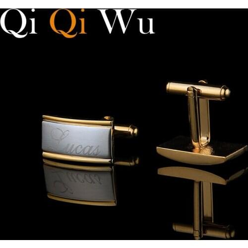 Qi Qi Wu Gold Engraved Cuff Buttons Wedding Gifts For Guests Personalized Cufflinks French Shirt Mens Jewelry Wiht Gift Box