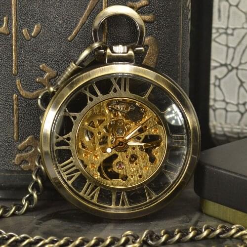 TIEDAN Bronze Retro Skeleton Pocket Watches Men Antique Luxury Brand Necklace Steampunk Mechanical Pocket & Fob Watch Chain