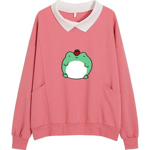 Kawaii Hoodie Strawberry Frog Sweatshirts for Women Cotton Harajuku Hoodies for Girls Sweatshirt with Pocket All-match Clothes