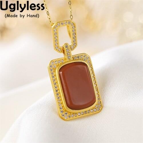 Uglyless Geometric Simple Square Fashion Dress Jewelry for Women Blank Agate Gemstones Medal Pendants Necklaces+Chain 925 Silver