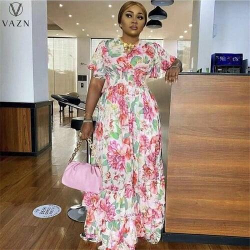 VAZN 2021 Print Plus Size High-end Sexy Young Chiffon Sweet Free Holiday Short Sleeve High Waist Women Ball Gown Maxi Dress