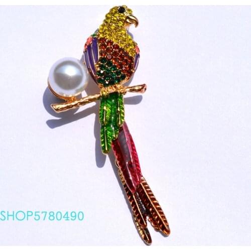 Fashion Jewelry Rhistone Cute Parrot Brooch Painted Birds Pearl Breast Pin Multi Color Garments Ladies Dancing Dress Accessories