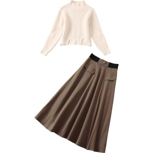 Women Clothing Two Pieces Outfits High Fashion Knitted Sweater A Line Khaki Midi Skirt Set