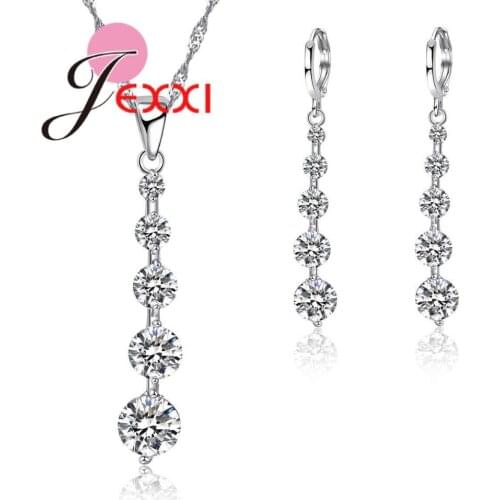 Fashion Round Cubic Zirconia Long Drop Earrings Necklace 925 Sterling Silver Jewelry Sets for Women Wedding Party