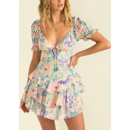 Women Summer Sexy V Neck Beach Dress Floral Printed A Line Ruffle Mini Dress Female Bow Tie Short Sleeve Party Dresses