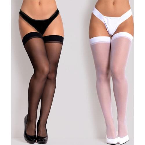 Women Rib Top High Knee High Socks Cuff Sexy Transparent Silk Stocking Ladies Thigh High Socks Black White Stockings Medias