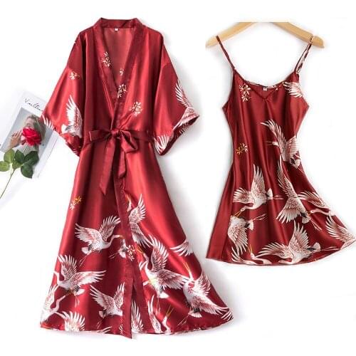 Bride Wedding Robe Gown Set Women 2PC V-Neck Nighty Bathrobe Nightgown Spring Lady Sleepwear Sleep Suit Silky Wear Home Clothes