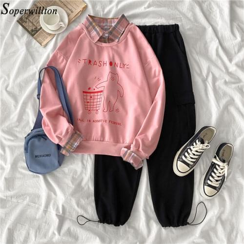 2 pcs Set Sweatshirt + Cargo Pants Women Suit Set Long Sleeve Print Pullover Tops Female Black Trouser Set Harajuku Patchwork