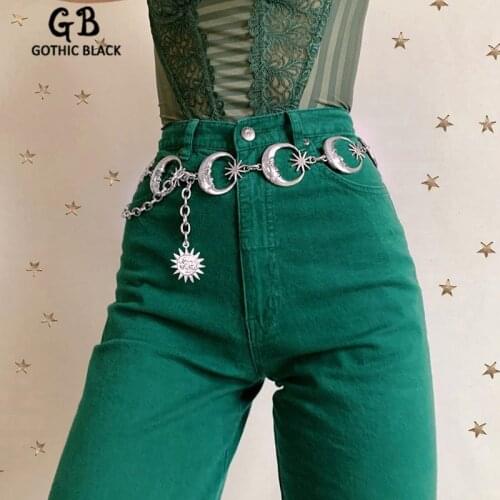 Gothblack Fashion Silver Sun Moon Pants Chain Gothic Punk High Waist Metal Chain Women Vintage Sliver Pendant Belts