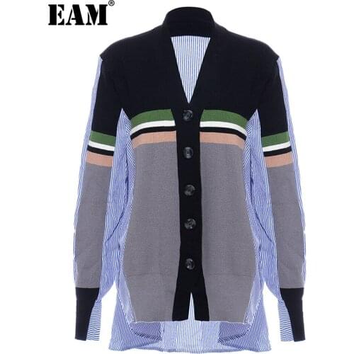 [EAM] Big Size Striped Knitting Cardigan Sweater Loose Fit V-Neck Long Sleeve Women New Fashion Tide Autumn Winter 2021 1DD2344