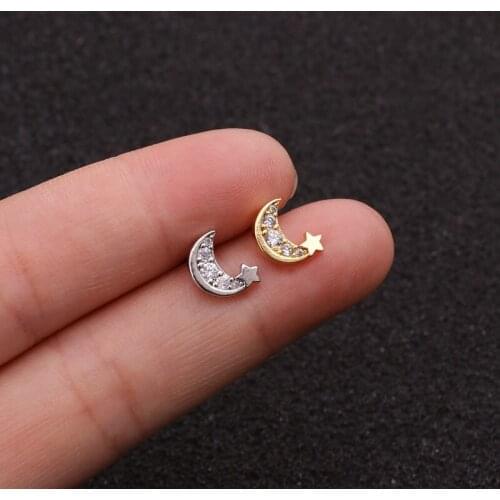 1PCS Gift Moon Star Crown Cz Ear Studs Helix Piercing Cartilage Earring Conch Rook Tragus Stud Ear Piercing Jewelry