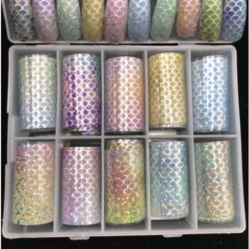 10rolls/box Mermaid Nail Fish Scales Decals Full Wrap Water Transfers Effect Laser-Fish Scales Nail Film Art Sticker