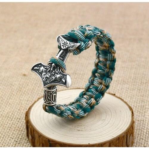 Viking Stainless Steel Crow Hammer Bracelet Nordic Rune Beads Camouflage Umbrella Cord Hand-woven Bracelet Viking Jewelry
