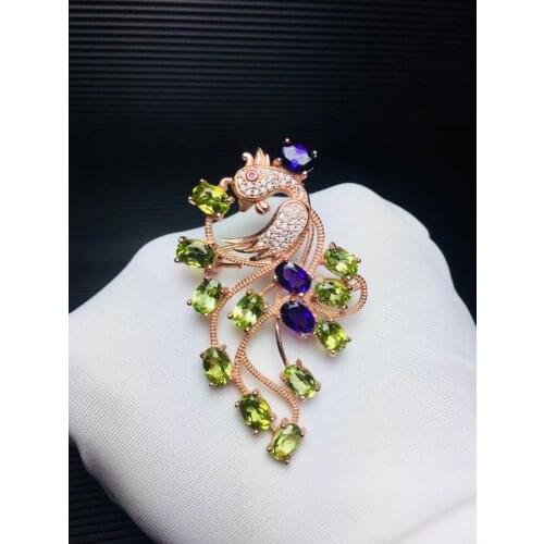 Natural And Real Peridot brooch Free shipping Natural real Peridot 925 sterling silver brooch