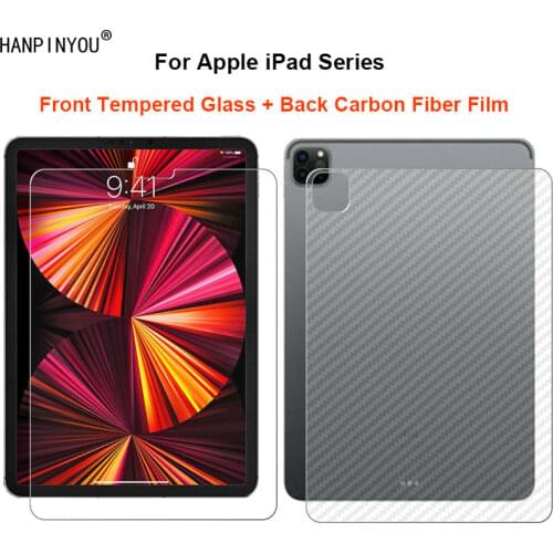 For Apple iPad Pro 11 12.9 10.2 Air 4 (2021) (2020) 1 Set = Soft Back Carbon Fiber Film + Tempered Glass Front Screen Protector