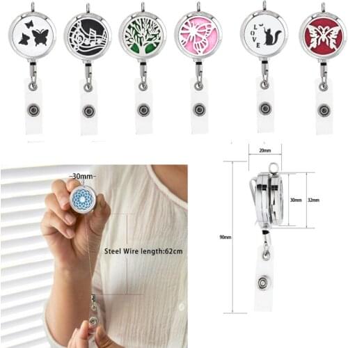 Tree of life Cat Butterfly 30mm diffuser locket ID Badge Holder Retractable Pendant Stainless Steel fit key chain 10pads as gift