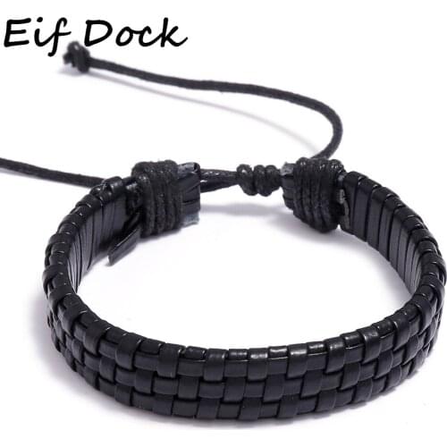 Eif Dock Simple Design Black Weave Leather Bracelet For Women Men Punk Rope Chain Charms Bangles Gothic Jewelry Gifts