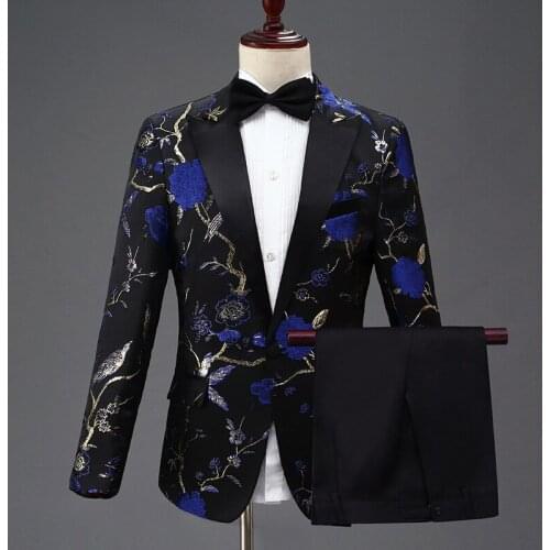 Custom Made 2021 Royal Blue Floral Pattern Wedding Tuxedos Mens Peaked Lapel Groom Wear Formal Party Prom Men Suit Blazer 2 Pcs