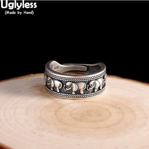 Uglyless Vintage Thai Silver Animals Elephants Rings for Women Solid 925 Sterling Silver Elephant Open Rings Exotic Fine Jewelry