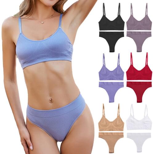 Seamless Women Bra Set Cotton Sexy Thong Tank Top Solid Breathable Low Waist Panty Ladies Lingerie Set Fashion Underwear Set