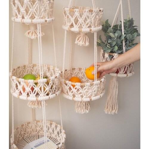 Bohemian Home Decor Storage Basket Three-layer Fruit and Vegetable Basket Cotton Rope Woven Storage Basket Plant Pot Organizador