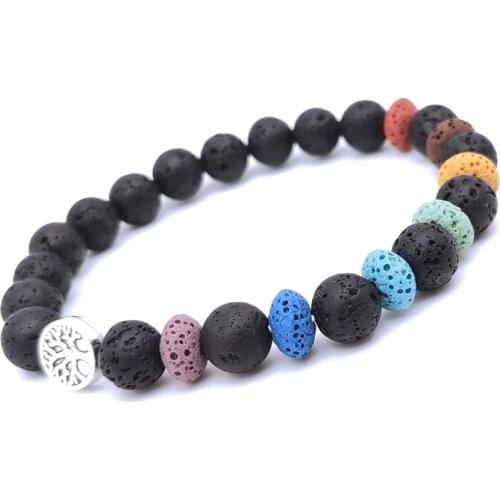 Women Men Healing Seven Chakras Bracelet Tree of Life Colourful Lava Stone Black Beads Buddha Yoga Strand Jewelry