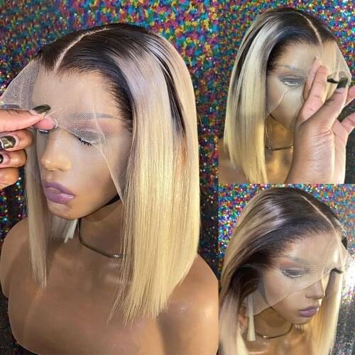 613 Ombre Blonde Cut Short Bob Straight Lace Front Wig For Black Women With Babyhair Natural Hairline Heat Resistant 180%Density