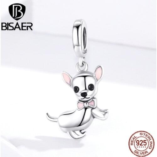 Dog Charms BISAER 925 Sterling Silver Chihuahua Beads Dog Doggy Animal Silver Charms fit for Women Bracelets Silver 925 Jewelry