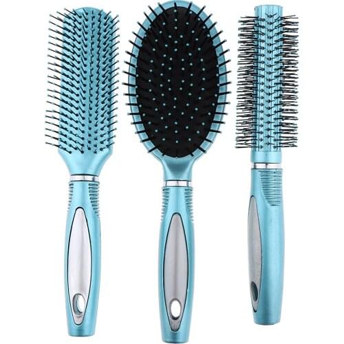 Vented Brush for Blow Drying, Styling Brush for Curly Hair, Cushion Paddle Hairbrush for Men Women (Pack of 3, Red/Purple/Blue)