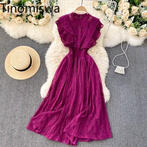Tinomiswa Womens New Fashion Elegant Feminine Pleated Ruffle Waist Thin Lace Dress Spring Summer Solid Color Vestidos De Mujer