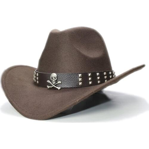 Vintage Retro Kid Children Wool Wide Brim Cowboy Western Cowgirl Bowler Hat Fedora Cap Skull Leather Band Band (54cm/Adjust)