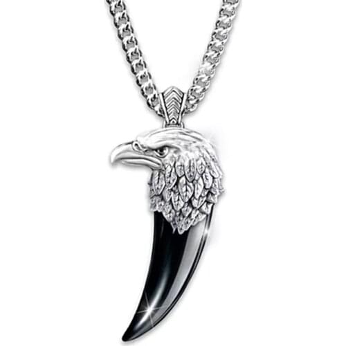 Vintage Punk Eagle Head Spike Pendant Hip Hop Mens Cool Stainless Steel Black Wolf Tooth Pendant Necklace Jewelry Gift