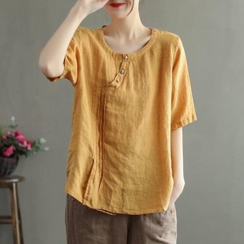 Women Cotton Linen Casual T-shirts New Arrival 2021 Summer Vintage Style Solid Color Loose Female Short Sleeve Tops Tees S3930