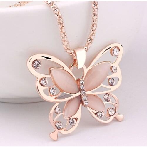 Rose Gold Opal Butterfly Pendant Necklace Crystal Hollow Long Necklace Women Fashion Lady Sweater Chain Gift Charm Necklace