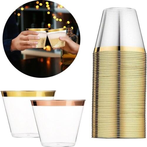 9OZ/250ml Gold Plastic Cup Disposable Clear Cups Party Tumblers Beverage Wine Glass Champagne Cocktail Cup Set For Wedding