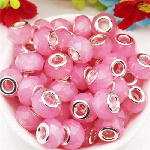 10 Pcs Pink Color Faceted Big Hole European Beads Fit Pandora Bracelet Bangle Women DIY Key Chain Cord for Jewelry Making Gift
