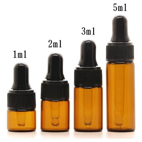 100pcs 1ml/2ml/3ml/5ml Amber Empty Glass Bottles Aromatherapy Essential Oil Refillable Bottles Dropper Bottle With Black Cap