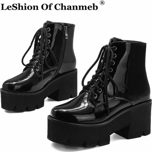 Small Size 32 33 Womens Shiny PU Patent Leather Motorcycle Boots Woman Thick Platform Chunky Heels Gothic Shoes Booties Ladies