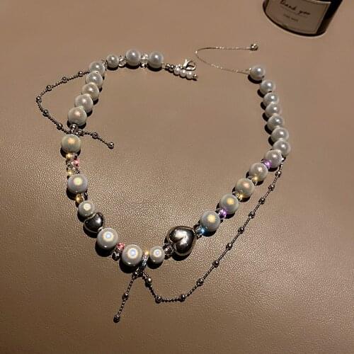 Exquisite Heart Shape Pearl Chains Necklace Metal Chain Tassel Chokers Strand for Women Fashion Jewelry Girlfriend Gift Wedding