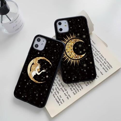 Night Sky Funny Moon Girl Art Face Phone Case For iPhone 11 Pro 12 7 XS MAX X XR SE 20 8 Plus Soft TPU Matte Black Back Cover