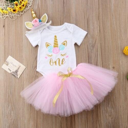 Kids Girls 3PCS Set Short Sleeve Romper Tops+Tutu Mini Skirts+Floral Headband Outfit Toddler Princess Party Clothes 0-24M