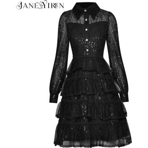 Janeyiren 2021 Summer Womens Gorgeous Party Sequins Gown Short Dress Ladies Long sleeve Ruffle Splicing Elegant Mini Cake Dress
