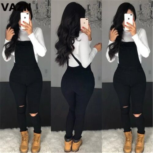 VAZN black punk style fashion solid o-neck bandage women overalls long sleeve long pant jumpsuits sexy club rompers