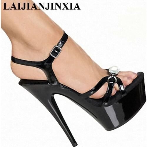 LAIJIANJINXIA 15cm Fashion sexy noble fashion silver thin belt black sandals set auger shoes model shows High Heel Shoes H-069