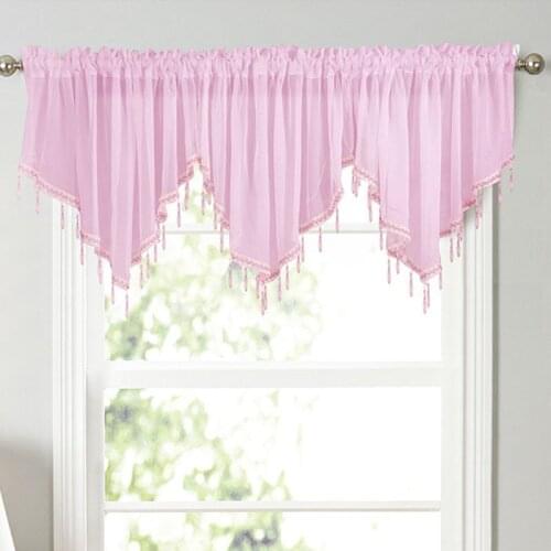 1Pc/3Pcs Sweet Candy Color Sheer Tulle Triangle Valance Beaded Trim Pendant Tassels Rod Pocket Short Window Curtains