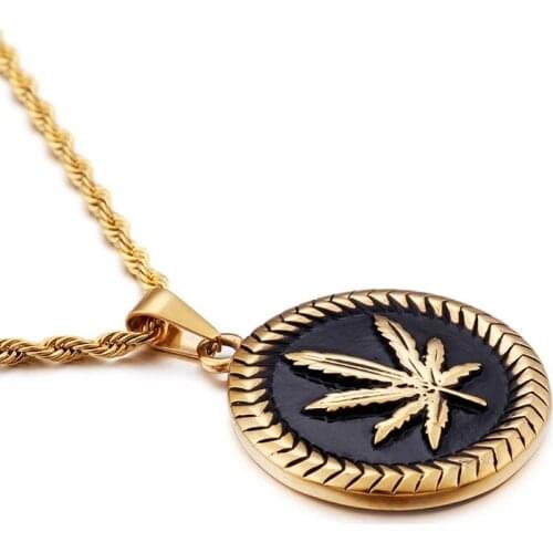 Hip Hop Mens Europe and America Retro Titanium Steel Round Personality Street Maple Leaf Pendant