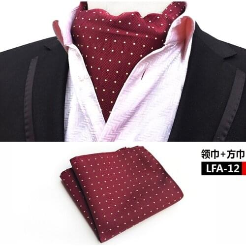 Gentlemen Designers Ascot Pocket Square Set Burgundy with Yellow Dot Pattern Fashion Cravat Tie Sets for Men