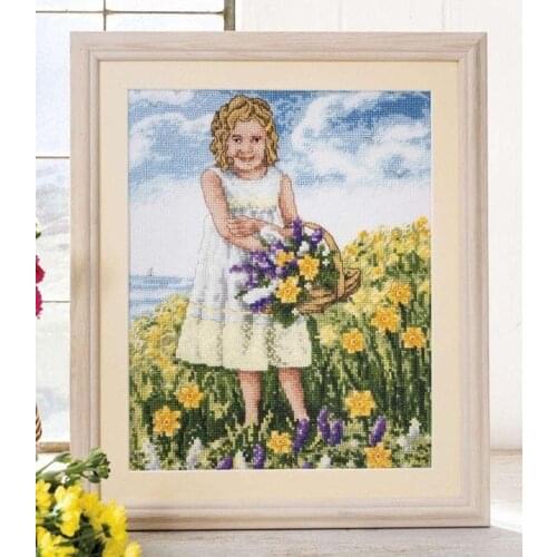 Customized Embroidery Little Girl Picking Flowers Cross Stitch Supplies USA with 100% Cotton Floss &Free Shipping for Home Decor