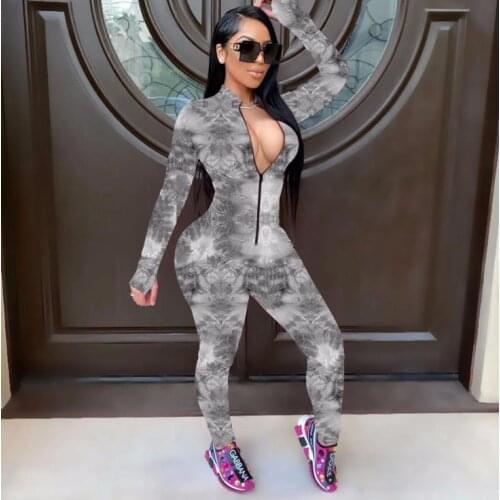 Autumn Spring Fashion Long Sleeve Jumpsuit Rompers New Women Deep V-neck Front Zippers Bodycon Sports Jumpsuit Long Trousers